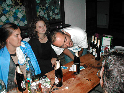 Corine, Marlen, Augusto and Fabio doing drinking games