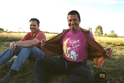 Jens and I, me showing the present form Bärbel, the pink t-shirt