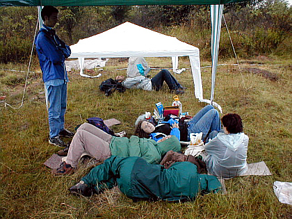sheltering from the rain under the tend